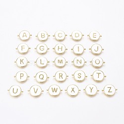 Golden Plated Brass Links, with White Enamel, Flat Round with Letter, Mixed, 13x17.5x1.5mm, Hole: 1.2mm(KK-F807-28-G01)
