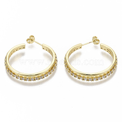 Brass Micro Pave Clear Cubic Zirconia Stud Earrings, Half Hoop Earrings, with Ear Nuts, Nickel Free, Ring, Real 18K Gold Plated, 32x5mm, Pin: 0.8mm(EJEW-N011-15G-NF)