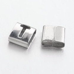 Tarnish Resistant Letter Style 201 Stainless Steel Square Slide Charms, Letter.T, 9x8x4mm, Hole: 8x3mm(STAS-L132-02)