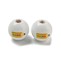 Printed Wood European Beads, Large Hole Beads, Round, White, 16~16.5x14.5~15mm, Hole: 4mm(WOOD-L020-D10)