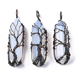 Opalite Big Wire Wrapped Pendants, with Brass Wires, prismatic with Tree of Life, Red Copper, 48~62x14~17x13~18mm, Hole: 4x5~6mm(G-T133-R02F)