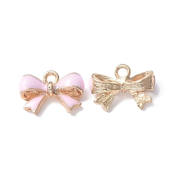 Alloy Enamel Pendants, Lead Free & Cadmium Free, Light Gold, Bowknot Charm, Pearl Pink, 11.5x16x4mm, Hole: 2mm(ENAM-O049-04G-01)