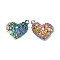 Ion Plating(IP) 304 Stainless Steel Pendants, Heart with Flower, Rainbow Color, 24x25x2.5mm, Hole: 3mm(STAS-E169-19M)