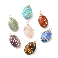 7Pcs Natural Mixed Gemstone Copper Wire Wrapped Pendents, Oval Charms, Light Gold, 18.5x10~10.5x5~6mm, Hole: 2mm(PALLOY-JF02142)