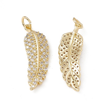 Brass Micro Pave Clear Cubic Zirconia Pendants, with Jump Ring, Feather Charm, Real 18K Gold Plated, 28x9x3.5mm, Hole: 3.5mm