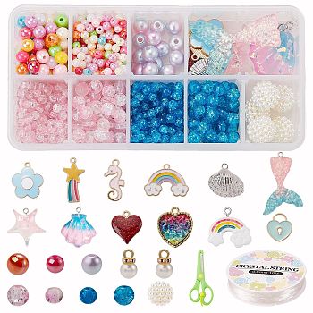 DIY Jewelry Making Kits, Including Poly Styrene Acrylic Beads, Crackle Glass Beads, Spray Painted Crackle Glass Beads, Imitation Pearl Acrylic Beads, Sea Horse Alloy Enamel Pendants, Mixed Color, Pendants: about 13~46x10~30x1.5~9mm, Beads: about 4~14mm