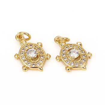 Brass Micro Pave Cubic Zirconia Charms, with Jump Rings, Tortoise, Clear, Golden, 13.5x8.8x3.2mm, Jump Rings: 4x0.8mm, 2mm inner diameter