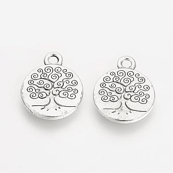 Tibetan Style Alloy Flat Round with Tree Pendants, Cadmium Free & Lead Free, Antique Silver, 19x15.2x2mm, Hole: 2.5mm, about 263pcs/500g