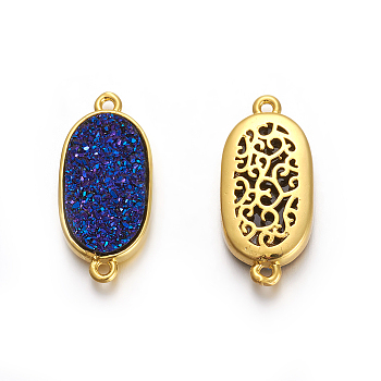 Brass Links connectors, with Druzy Resin, Golden Plated Color, Long Oval, Dark Blue, 22x10x4mm, Hole: 1.2mm