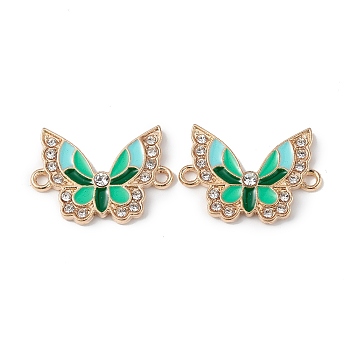 Alloy Enamel Connector Charms, Butterfly Links with Crystal Rhinestone, Light Gold, Cadmium Free & Nickel Free & Lead Free, Green, 16x22x2mm, Hole: 1.6mm