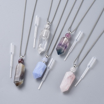 Natural Gemstone Perfume Bottle Pendant Necklaces, with Stainless Steel Box Chain and Plastic Dropper, Hexagonal Prism, Stainless Steel Color, 27.4 inch~27.5 inch(69.5~69.9cm), Bottle Capacity: 0.15~0.3ml(0.005~0.01 fl. oz)