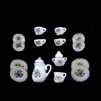 Mini Porcelain Tea Set, including 2Pcs Teapots, 5Pcs Teacups, 8Pcs Dishes, for Dollhouse Accessories, Pretending Prop Decorations, Floral Pattern, 121x86x25mm, 15pcs/set