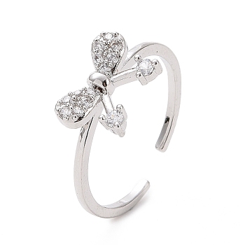 Clear Cubic Zirconia Bowknot Open Cuff Ring, Brass Jewelry for Women, Platinum, Inner Diameter: 18mm
