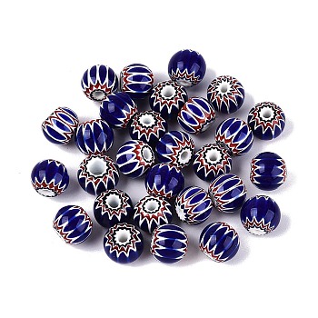 Handmade Millefiori Glass Round Beads, Chevron Beads, Single Flower Design, Medium Blue, 10~11x7~9mm, Hole: 1.6~4.5mm
