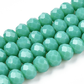 Opaque Solid Color Imitation Jade Glass Beads Strands, Faceted, Rondelle, Light Sea Green, 2.3~2.7x1.5mm, Hole: 0.4mm, about 150~155pcs/strand, 32~33cm