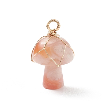 Natural Cherry Blossom Agate Pendants, Mushroom Charm, with Light Gold Tone Eco-Friendly Copper Wire Wrapped, 27.5x16mm, Hole: 3mm