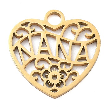 304 Stainless Steel Pendants, Laser Cut, Heart with Word Nana & Flower Charm, Real 18K Gold Plated, 20x20x1mm, Hole: 3mm