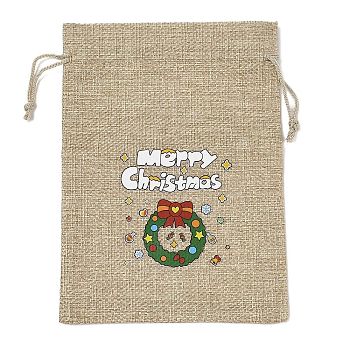 Christmas Printed Burlap Packing Pouches Drawstring Bags, Rectangle, Tan, Christmas Wreath, 18x13x0.01cm