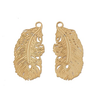 Vacuum Plating 201 Stainless Steel Pendants, Feather Charm, Real 18K Gold Plated, 32.5x14.5x0.4mm, Hole: 2.1mm