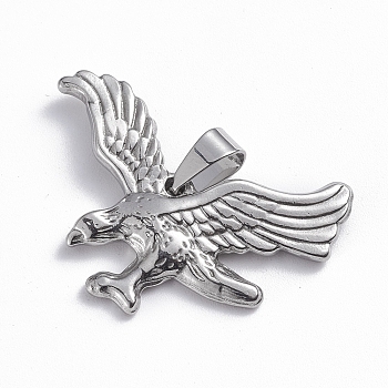 201 Stainless Steel Pendants, Eagle, Stainless Steel Color, 23x35.5x3.5mm, Hole: 4.5x6.5mm