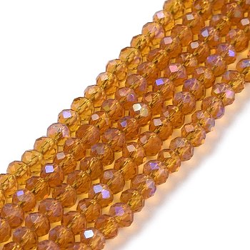 Electroplate Glass Beads Strands, Half Rainbow Plated, Faceted, Rondelle, Gold, 4x3mm, Hole: 0.4mm, about 123~127pcs/strand, 16.5~16.9 inch(42~43cm)