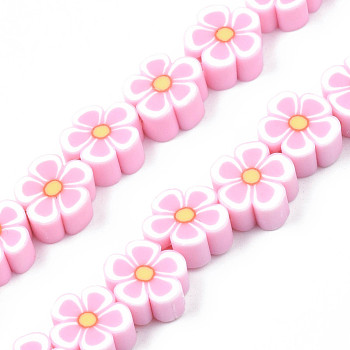 Handmade Polymer Clay Bead Strands, Flower, Pink, 7.5~10x7~11x3.5~5mm, Hole: 1.6mm, about 38~40pcs/strand, 13.58 inch~14.57 inch(34.5~37cm)