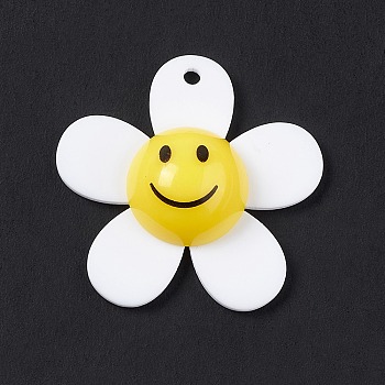 Opaque Acrylic Pendants, Sunflower with Smiling Face Charm, White, 29x30x9mm, Hole: 1.8mm
