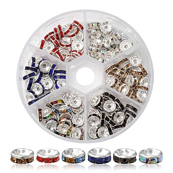 120Pcs 6 Colors Iron Flat Round Spacer Beads, with Rhinestone, Platinum, Mixed Color, 8mm, 20pcs/color