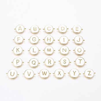Golden Plated Brass Links, with White Enamel, Flat Round with Letter, Mixed, 13x17.5x1.5mm, Hole: 1.2mm
