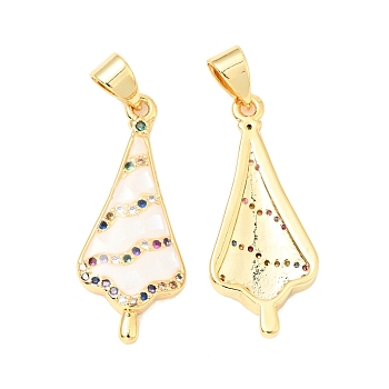 Brass Micro Pave Colorful Cubic Zirconia Pendants, with White Shell and Epoxy Resin, Cadmium Free & Lead Free, Golden, Umbrella, White, 26x11x3mm, Hole: 3.5x5mm