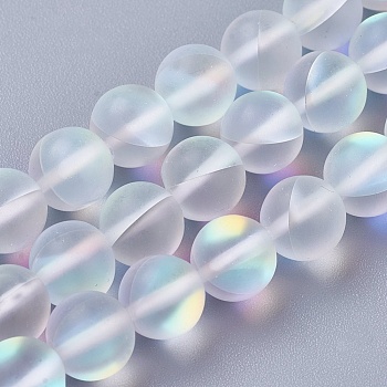 Synthetic Moonstone Beads Strands, Holographic Beads, Round, Frosted, Clear, 8mm, Hole: 1mm, about 48pcs/strand, 15.51 inch~15.7 inch(39.4~40cm)