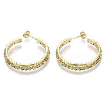 Brass Micro Pave Clear Cubic Zirconia Stud Earrings, Half Hoop Earrings, with Ear Nuts, Nickel Free, Ring, Real 18K Gold Plated, 32x5mm, Pin: 0.8mm