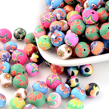 Handmade Flower Pattern Polymer Clay Round Beads, Mixed Color, 8mm, Hole: 1.5mm, 100pcs/Box