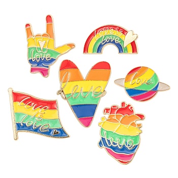 6Pcs 6 Style Creative Zinc Alloy Brooches, Enamel Pin, with Iron Butterfly Clutches or Rubber Clutches, Rainbow, Planet & Flag & Heart & Rainbow & Gesture, Mixed Color, 15~32.5x13~25mm, Pin: 1mm, 1pc/style