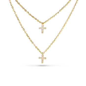 TINYSAND CZ Jewelry 925 Sterling Silver Cubic Zirconia Cross Pendant Two Tiered Necklaces, Golden, 21 inch, 18 inch