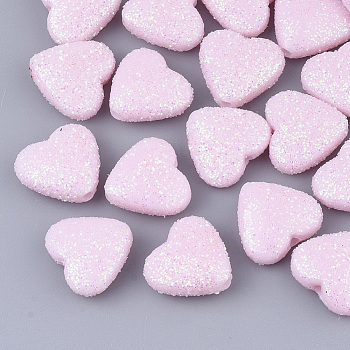 Opaque Acrylic Beads, with Glitter Powder, Heart, Pink, 12.5x13.5x6mm, Hole: 1.5mm