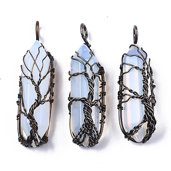 Opalite Big Wire Wrapped Pendants, with Brass Wires, prismatic with Tree of Life, Red Copper, 48~62x14~17x13~18mm, Hole: 4x5~6mm