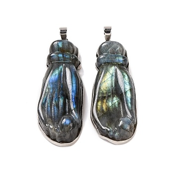 Natural Labradorite Carved Big Pendants, Palm Charms with Platinum Plated Rack Plating Brass Snap on Bails, 50.5x18x9.5mm, Hole: 5x4mm