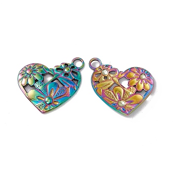 Ion Plating(IP) 304 Stainless Steel Pendants, Heart with Flower, Rainbow Color, 24x25x2.5mm, Hole: 3mm