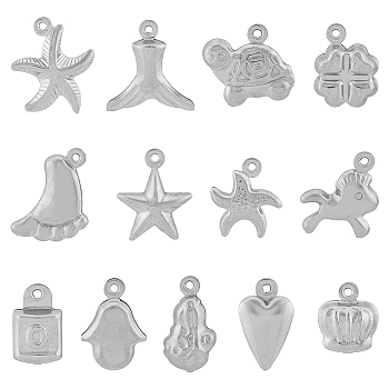 130Pcs 13 Styles 304 Stainless Steel Pendants Heart & Horse & Peanut, Stainless Steel Color, 11.5~18.1x7~3.3~5.2mm, Hole: 0.8~1.4mm, 10pcs/style