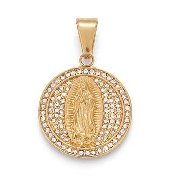 304 Stainless Steel Lady of Guadalupe Pendants, with Crystal Rhinestone, Flat Round with Virgin Mary, Golden, 34.5x30x4mm, Hole: 6.5x11.5mm