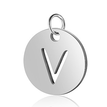 304 Stainless Steel Charms, Flat Round with Letter, Stainless Steel Color, Letter.V, 12x1mm, Hole: 2.5mm