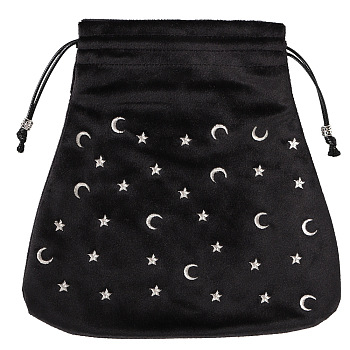 Velvet Packing Pouches, Drawstring Bags, Trapezoid with Moon & Star Pattern, Black, 21x21cm