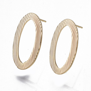 Brass Stud Earring Findings, with Loop, Nickel Free, Oval, Real 18K Gold Plated, 25x13.5mm, Hole: 2mm, Pin: 0.7mm