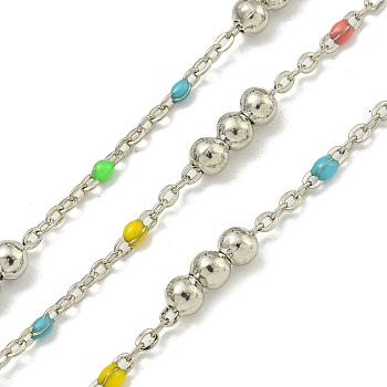 Brass Enamel Round Beaded Link Chain, Soldered, with Spool, Long-Lasting Plated, Cadmium Free & Lead Free, Platinum, Colorful, 12x3.5mm