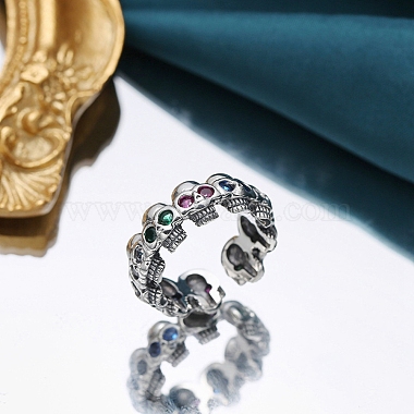 925 Anillos de puño abiertos con calaveras y diamantes de imitación de plata esterlina para unisex(PW-WGC11C2-01)-3