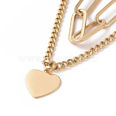 PVD Vacuum Plating 304 Stainless Steel Double Chains Multi Layered Necklace with Heart Charms for Women(STAS-E155-08G)-2