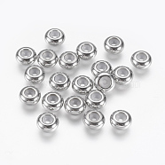201 Stainless Steel Beads, with Rubber Inside, Slider Beads, Stopper Beads, Rondelle, Stainless Steel Color, 7x3.5mm, Rubber Hole: 1mm(STAS-G142-7mm-P)