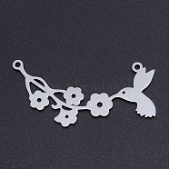 201 Stainless Steel Links connectors, Laser Cut Links, Flower with Bird, Stainless Steel Color, 40x19.5x1mm, Hole: 1.5mm(STAS-T054-JN783-1)