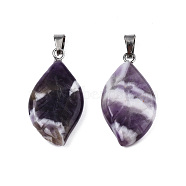 Natural Amethyst Pendants, Leaf Charm, with Stainless Steel Color Tone Stainless Steel Findings, 29x15x4.5mm, Hole: 2.5x5mm(G-S364-076A-02)